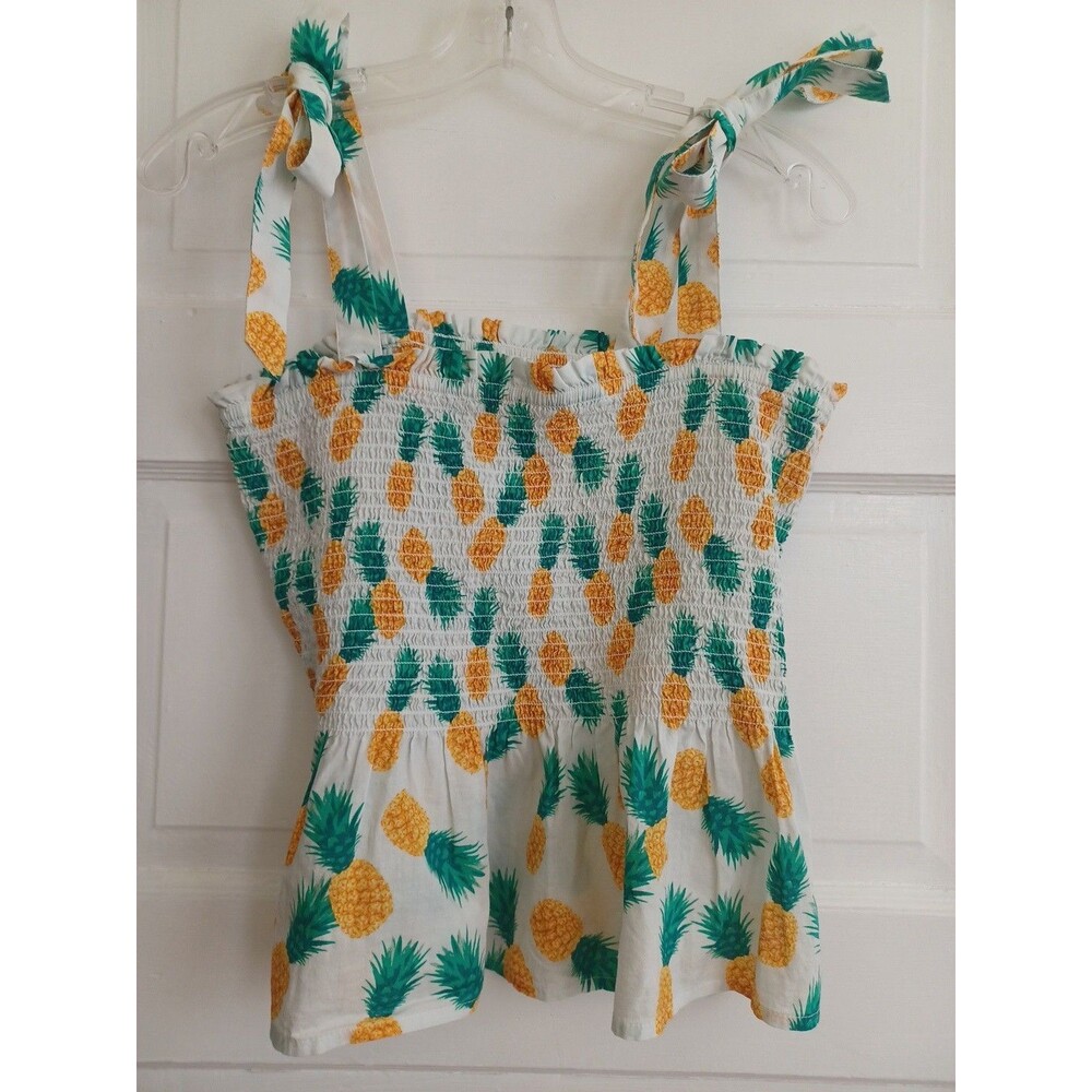 J. Crew pineapple print smocked top S shoulder ties vacation Hawaiian summer